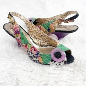 Poetic License Passion Fruit Animal Floral Print Leather Slingback Kitten Heels